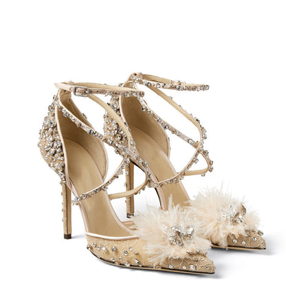 Genuine Sheepskin Nude Lace Floral Rhinestone Pumps