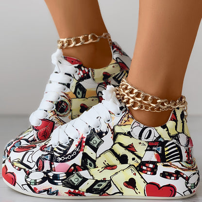 Women’s Random Print Lace-Up Sneakers Sporty Casual Style