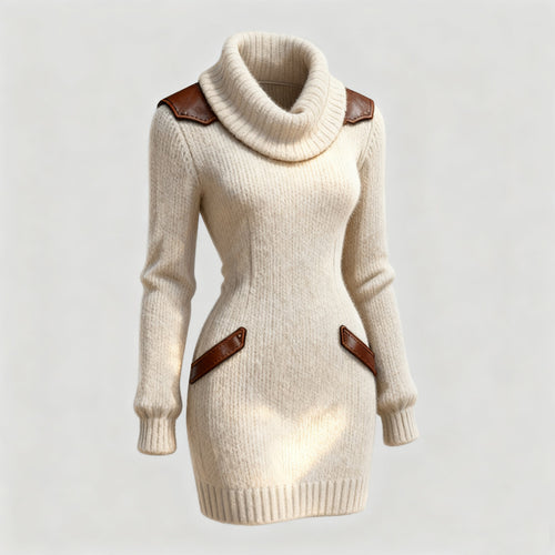 Casual Leather-Panelled Slim-Fit Turtleneck Knit Dress