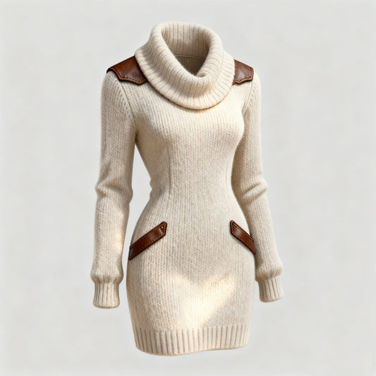 Casual Leather-Panelled Slim-Fit Turtleneck Knit Dress