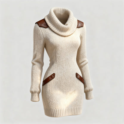 Casual Leather-Panelled Slim-Fit Turtleneck Knit Dress