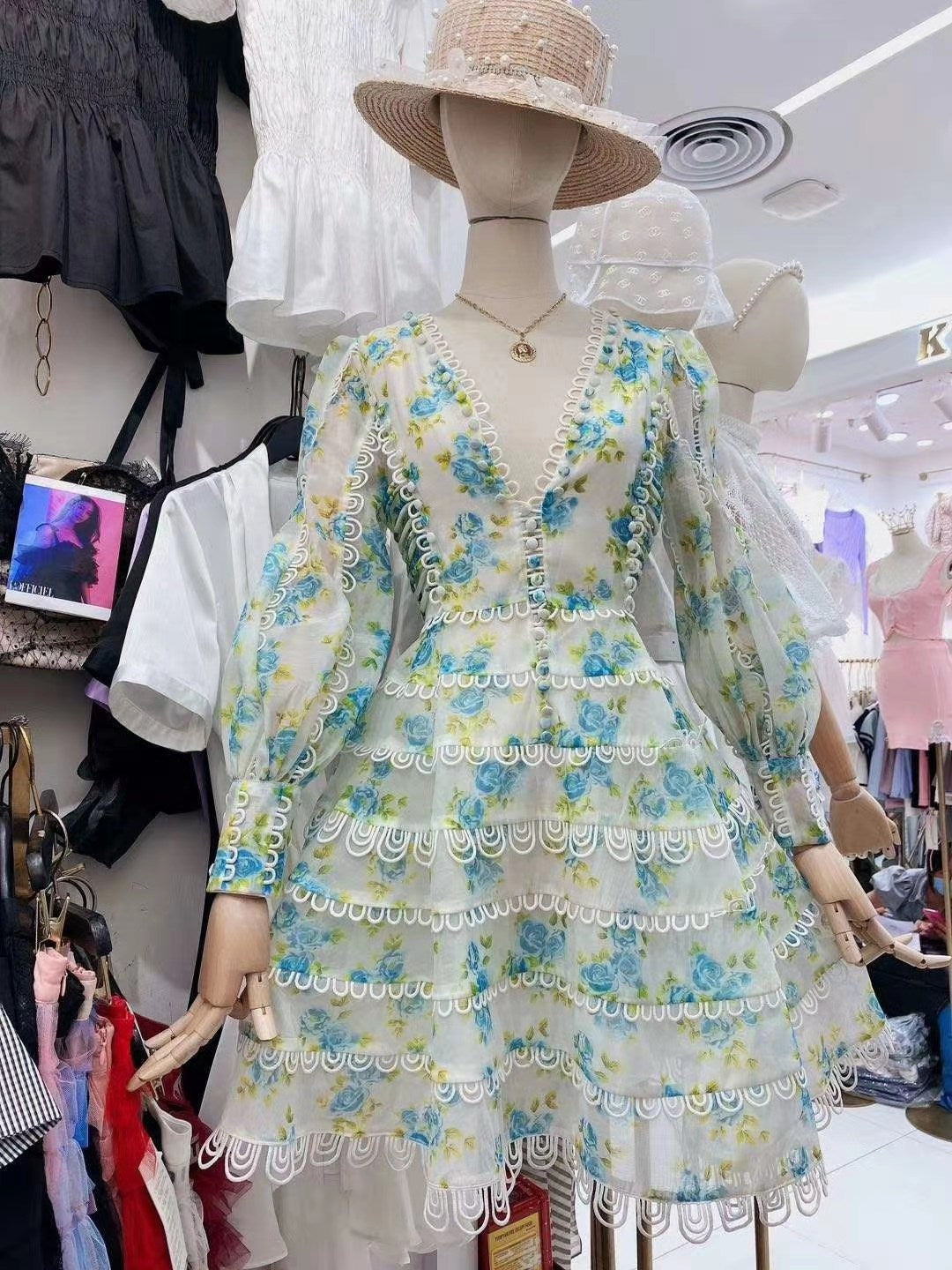 Elegant Women's Floral Court Dress V-Neck Print