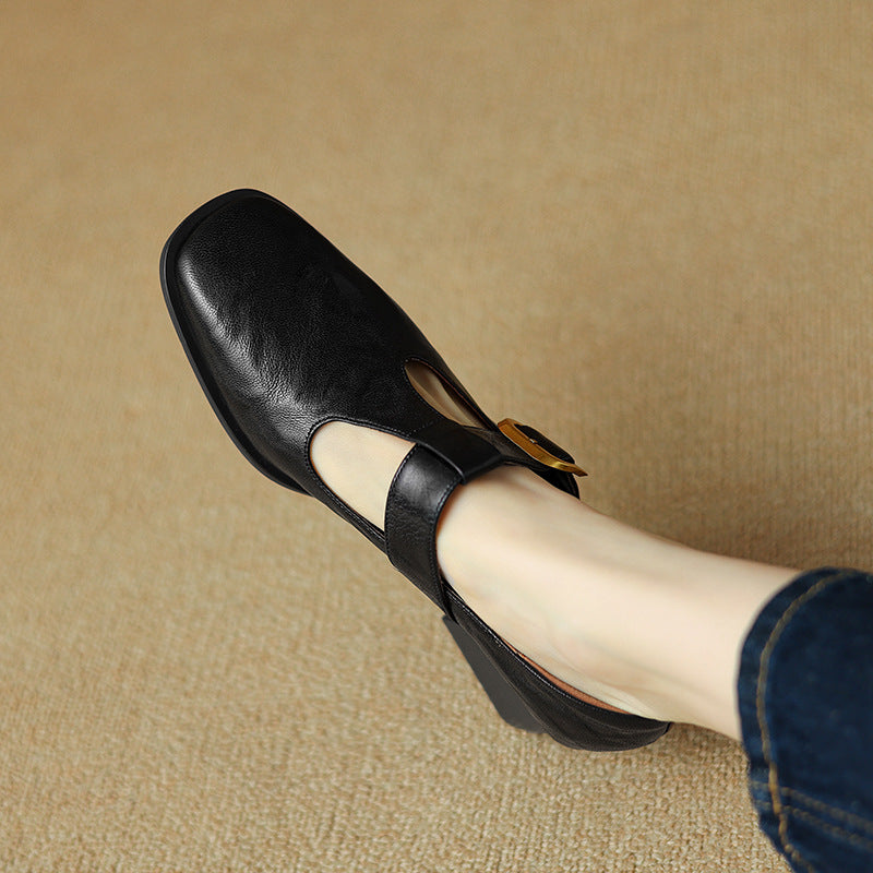 Mary Jane Leather Shoes Retro Square-toe Pumps