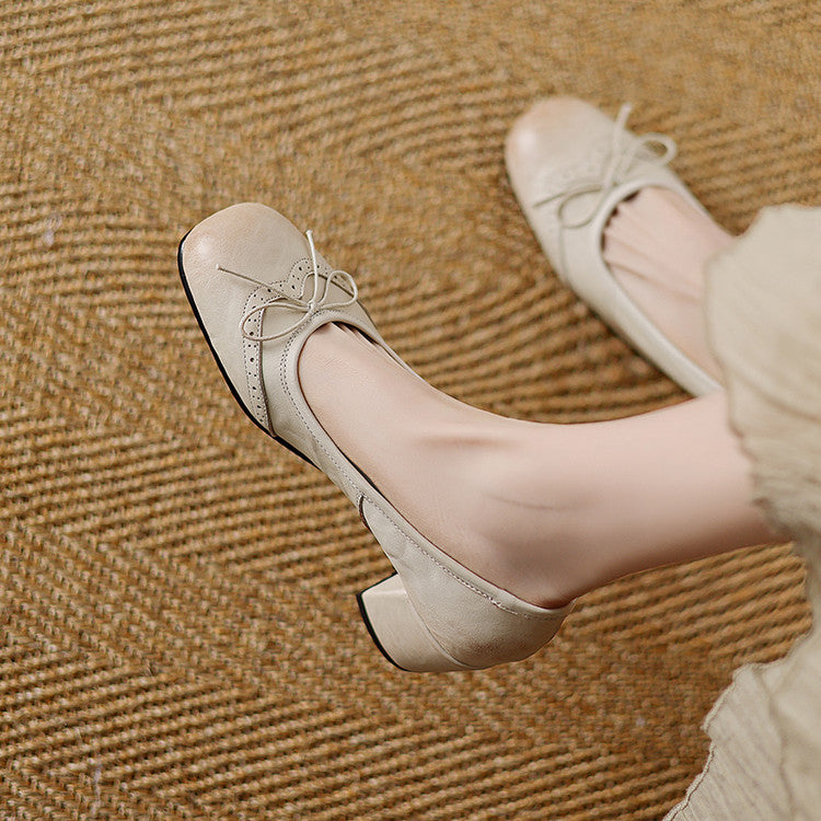 Women Gentle Bow Mid-Heel Genuine Leather Shoes