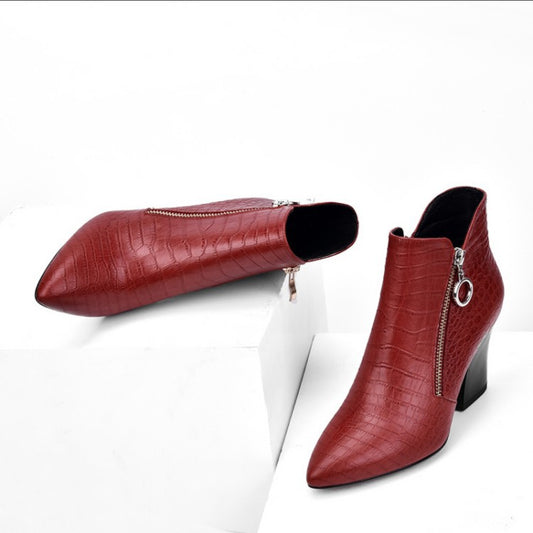 Genuine Leather Women's Thick Heel Short Boots