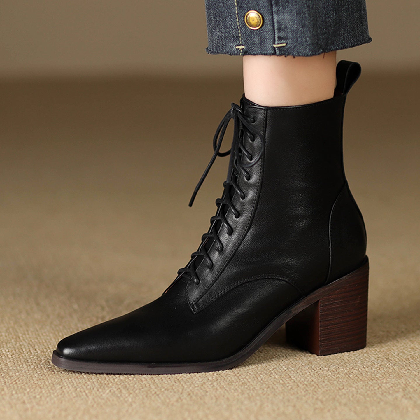 Women's Thick-Heel Martin Boots Lace-Up Ankle - Genuine Leather