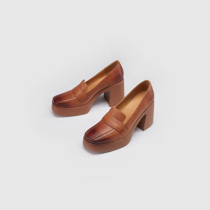 Women's Genuine Leather Retro Thick Sole Square Toe Shoes