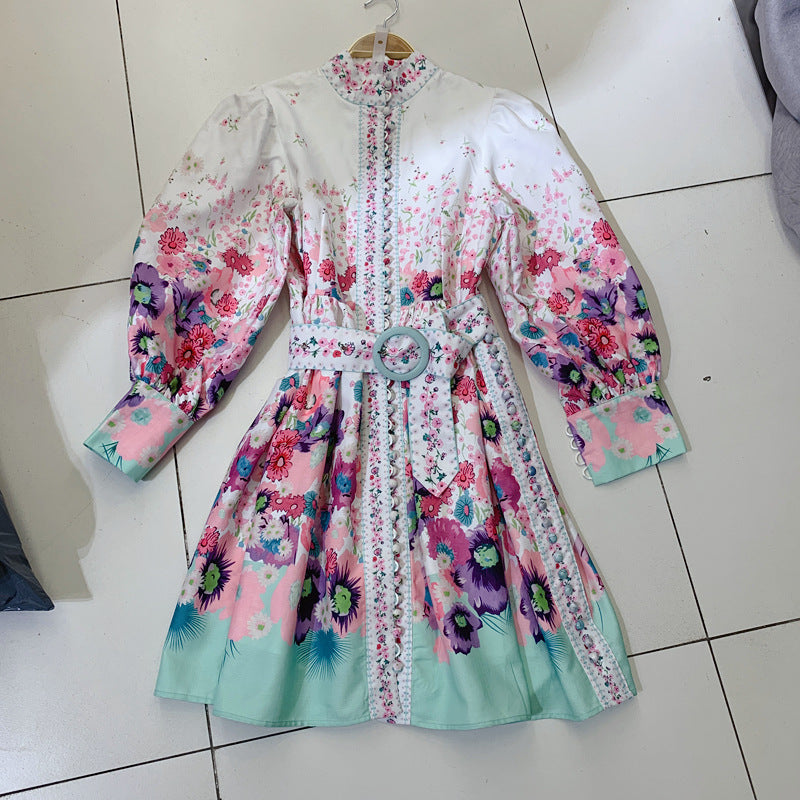 Tie-Dye Print Single-Breasted Balloon Sleeve Slim Fit Dress