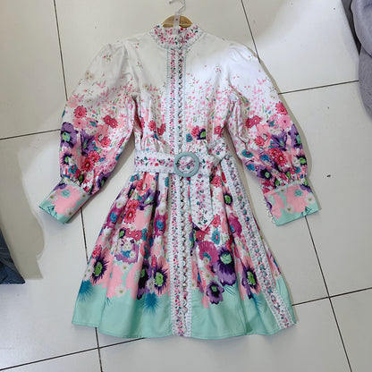 Tie-Dye Print Single-Breasted Balloon Sleeve Slim Fit Dress