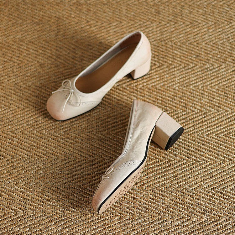 Women Gentle Bow Mid-Heel Genuine Leather Shoes