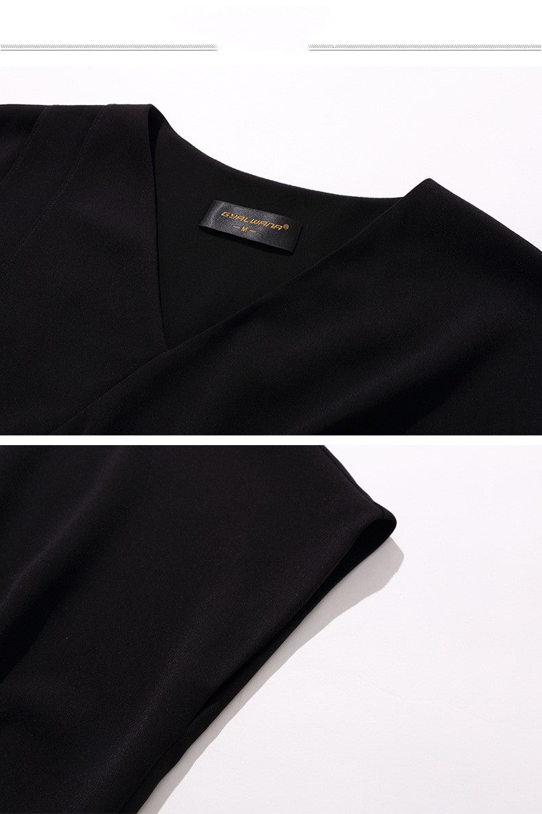 Women’s Elegant Pleated Black Dress – Slim Patchwork Style