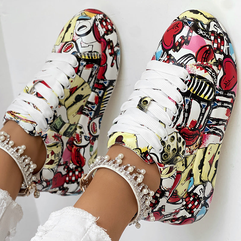 Women’s Random Print Lace-Up Sneakers Sporty Casual Style