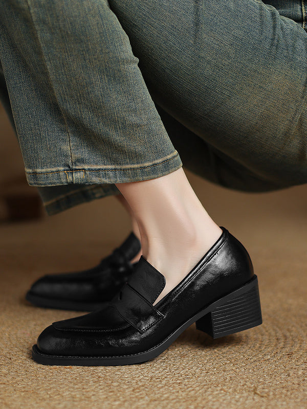 Retro Chunky-Heel Loafers for Women - Genuine Leather