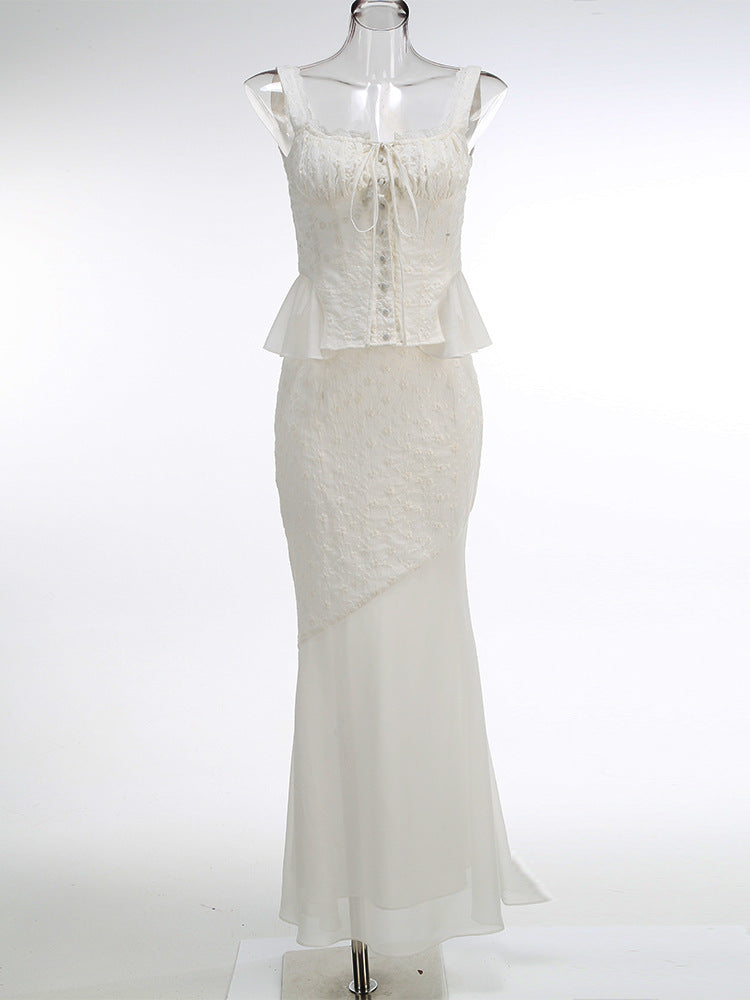 Elegant Lace Two-Piece Slim Fishtail Overskirt Suit