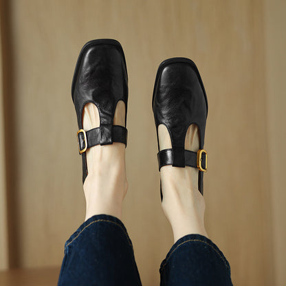Mary Jane Leather Shoes Retro Square-toe Pumps