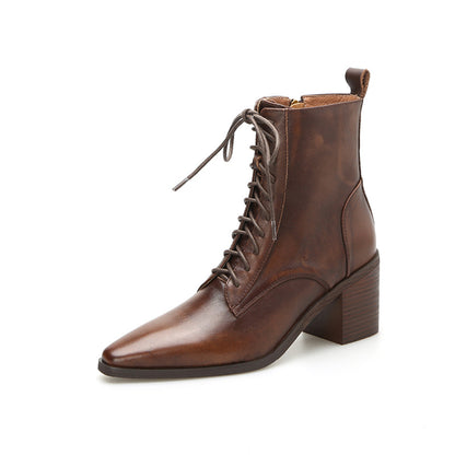 Women's Thick-Heel Martin Boots Lace-Up Ankle - Genuine Leather