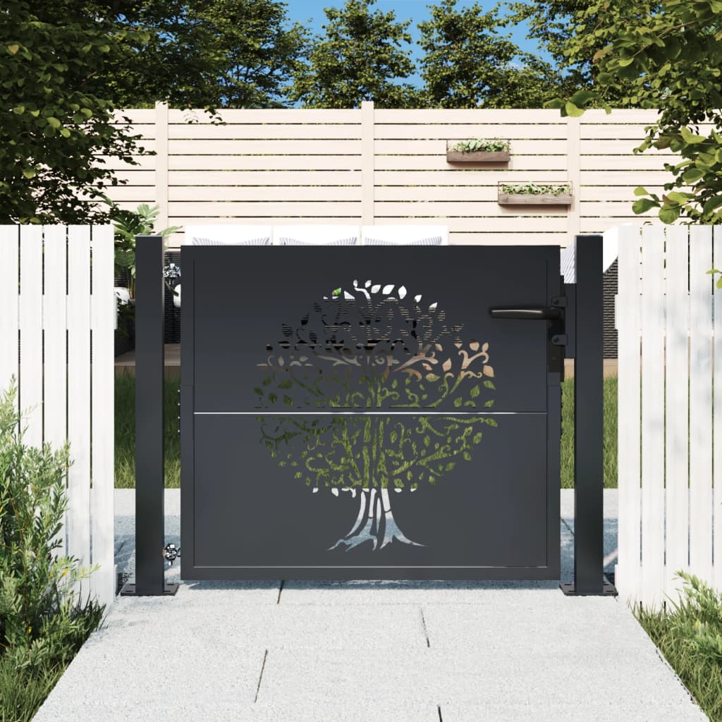 Elegant Anthracite Garden Gate with Tree Artwork
