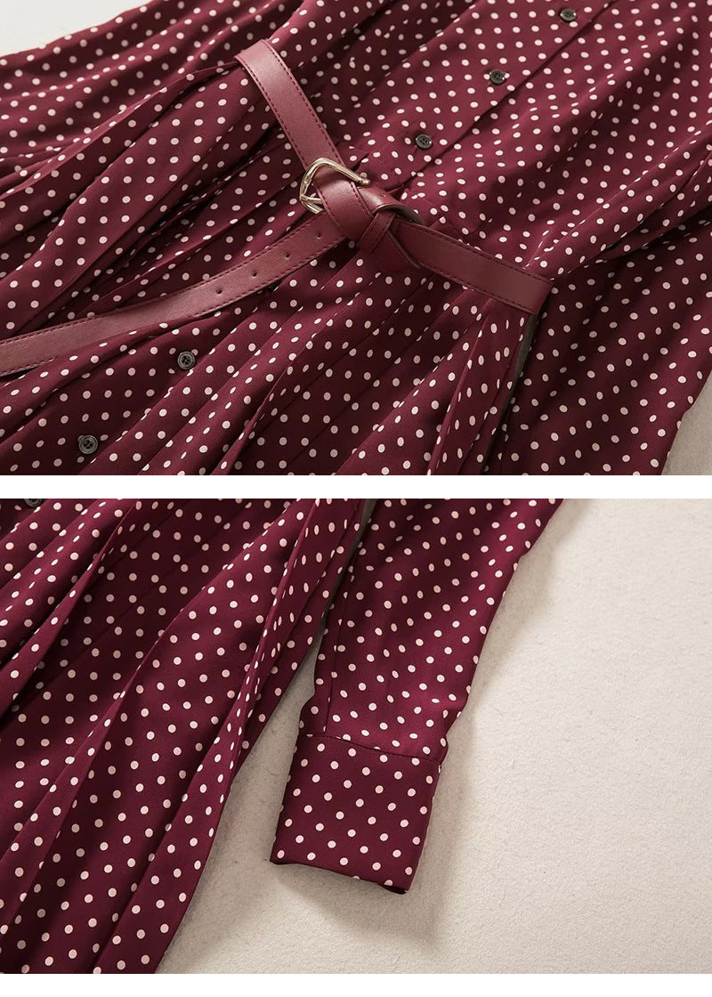 Elegant Pleated Retro Temperament Wine Red Polka Dots Dress