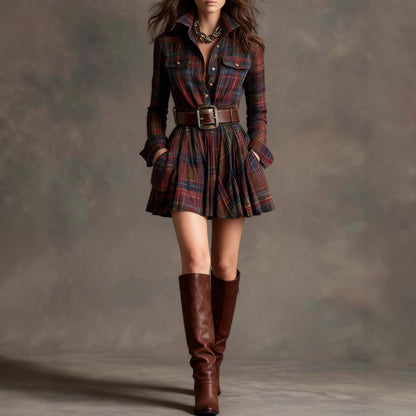 Elegant Women’s Elegant Plaid Short Dress with Belt