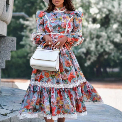 Tie-Dye Print Single-Breasted Balloon Sleeve Slim Fit Dress