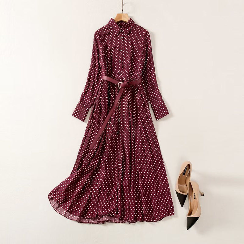 Elegant Pleated Retro Temperament Wine Red Polka Dots Dress