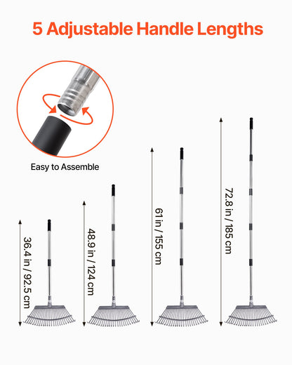 25-Tine Leaf Rake – Adjustable Long Handle Garden Tool