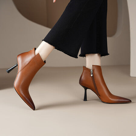 Women’s Mid-Heel Ankle Boots – Genuine Cowhide Leather