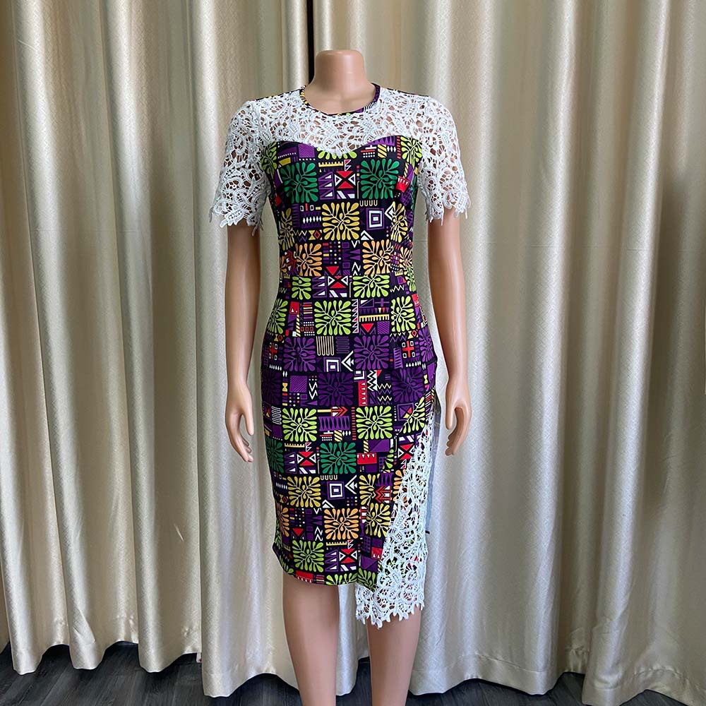Elegant Women’s Lace Stitching Print Hip Dress