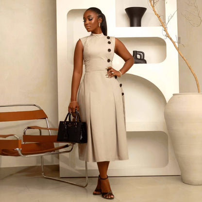 Elegant Women's Fitted Waist Stand Collar Sleeveless Button Dress