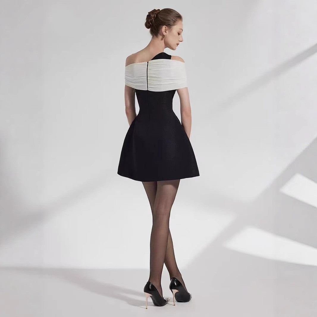 Summer Hepburn-Style Color-Block Off-Shoulder Sexy Dress