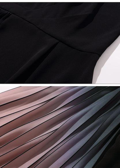 Women’s Elegant Pleated Black Dress – Slim Patchwork Style