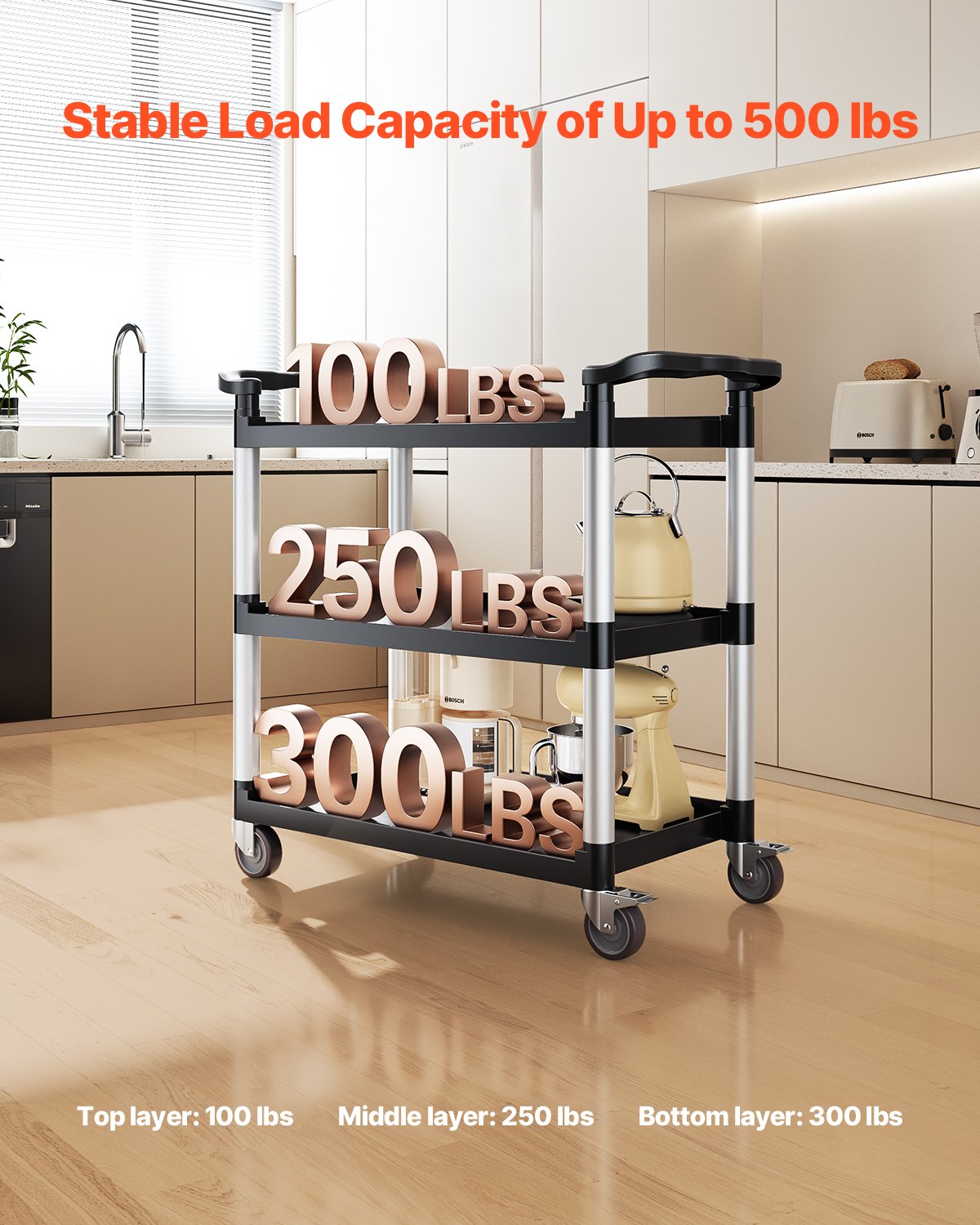 3-Tier Utility Cart with Wheels – 500lb Capacity