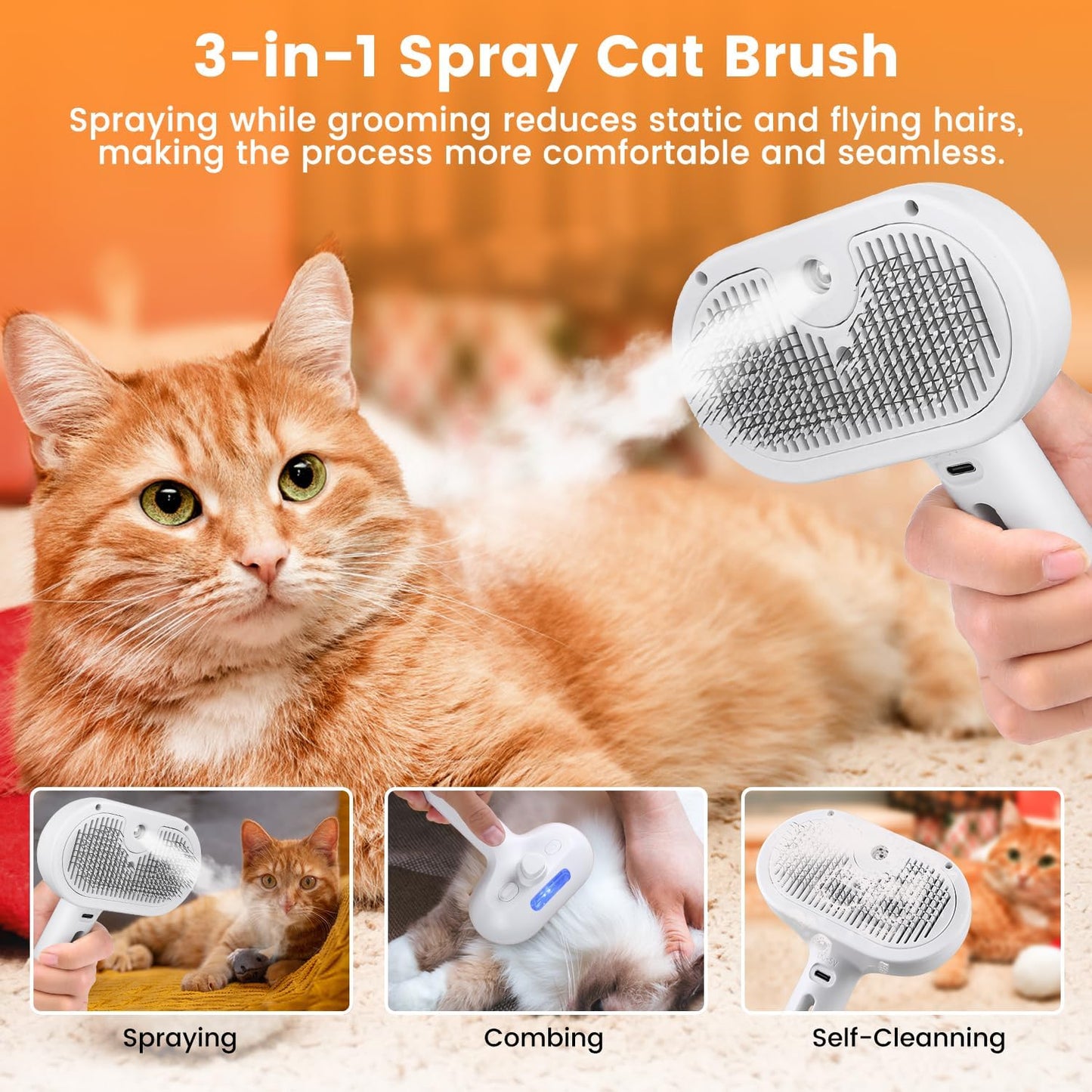 3-in-1 Cat Steam Brush for Easy Shedding & Grooming