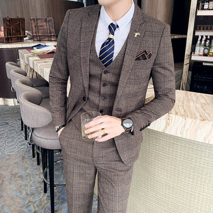 Slim-fit Check Pattern Three-piece Men's Casual Suit