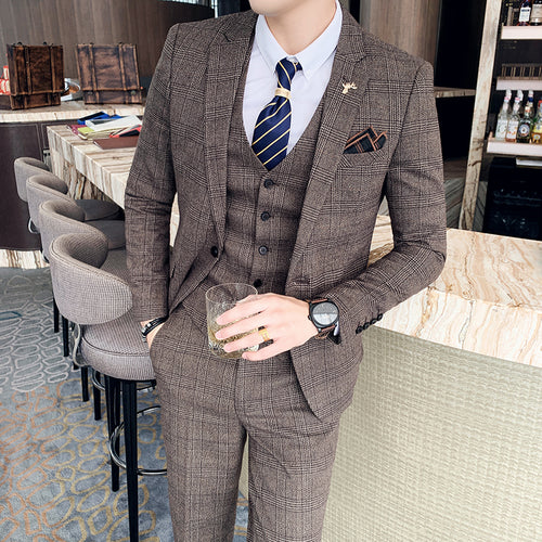 Slim-fit Check Pattern Three-piece Men's Casual Suit