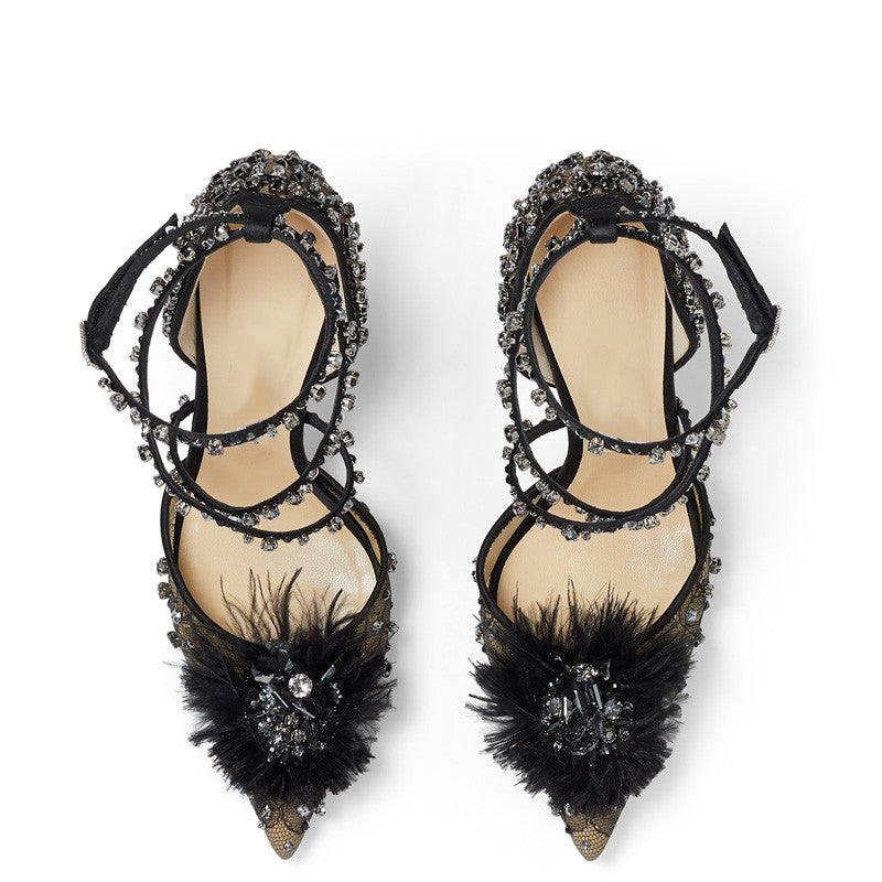 Genuine Sheepskin Nude Lace Floral Rhinestone Pumps