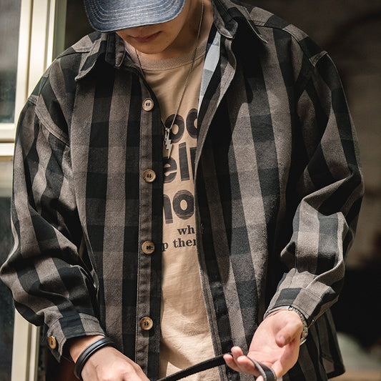 American Retro Plaid Loose Shirt Coat for Men