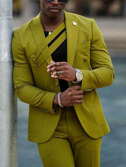 Elegant Olive Green Suit with Modern Asymmetric Strap