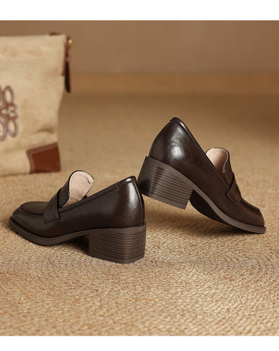 Retro Chunky-Heel Loafers for Women - Genuine Leather