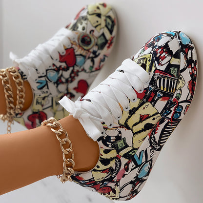 Women’s Random Print Lace-Up Sneakers Sporty Casual Style