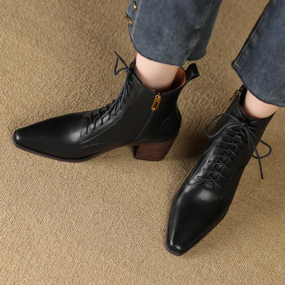 Women's Thick-Heel Martin Boots Lace-Up Ankle - Genuine Leather