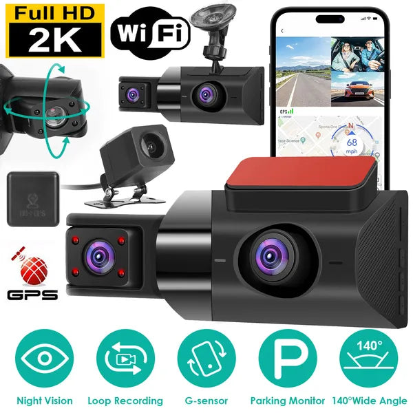 2K 3-Channel Car Dash Cam with GPS, Parking Monitor & Night Vision