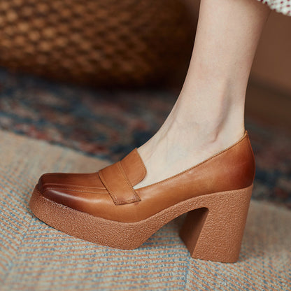 Women's Genuine Leather Retro Thick Sole Square Toe Shoes