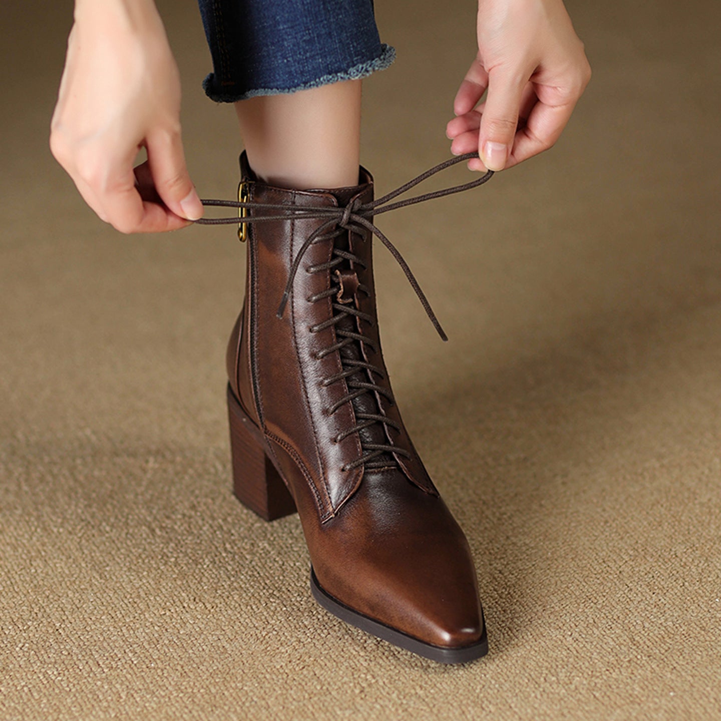 Women's Thick-Heel Martin Boots Lace-Up Ankle - Genuine Leather