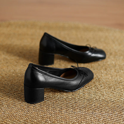 Women Gentle Bow Mid-Heel Genuine Leather Shoes