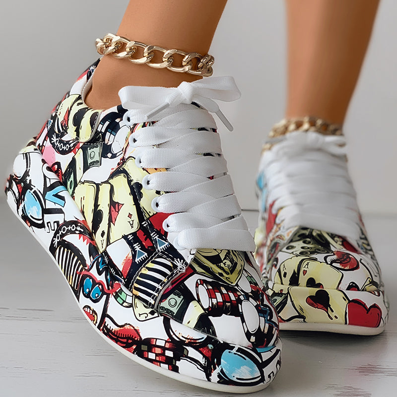 Women’s Random Print Lace-Up Sneakers Sporty Casual Style