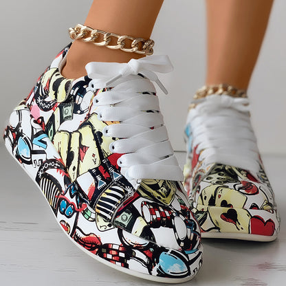 Women’s Random Print Lace-Up Sneakers Sporty Casual Style
