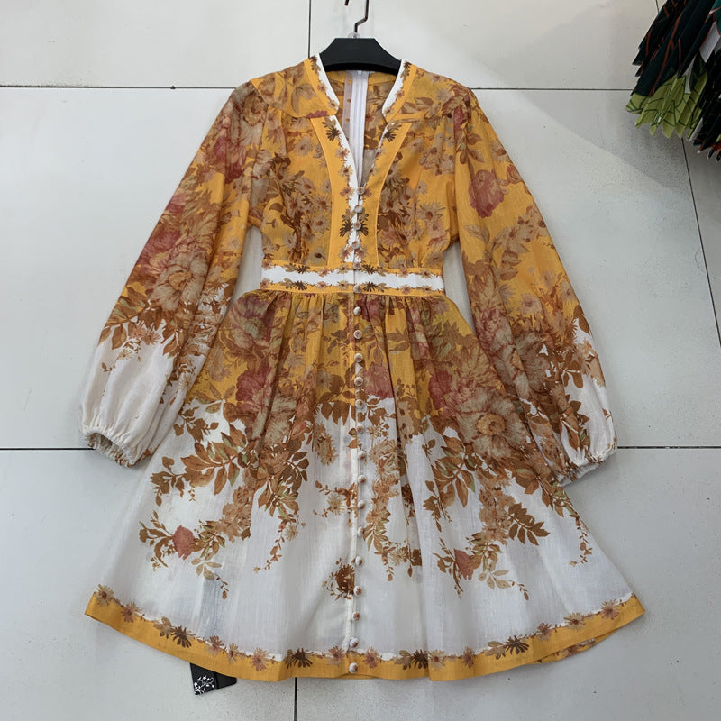 Tie-Dye Print Single-Breasted Balloon Sleeve Slim Fit Dress