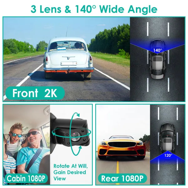 2K 3-Channel Car Dash Cam with GPS, Parking Monitor & Night Vision