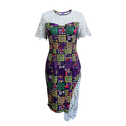 Elegant Women’s Lace Stitching Print Hip Dress